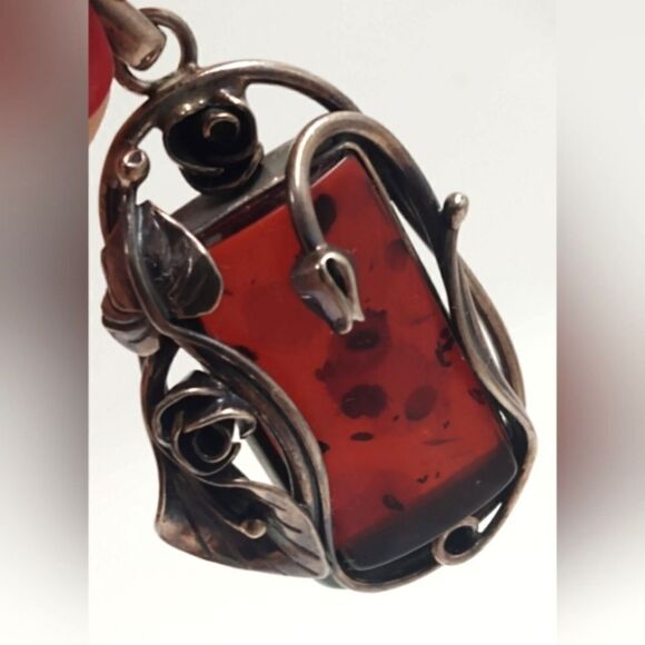 Baltic Amber Sterling Silver Art Nouveau Floral Pendant Vintage - Picture 10 of 16